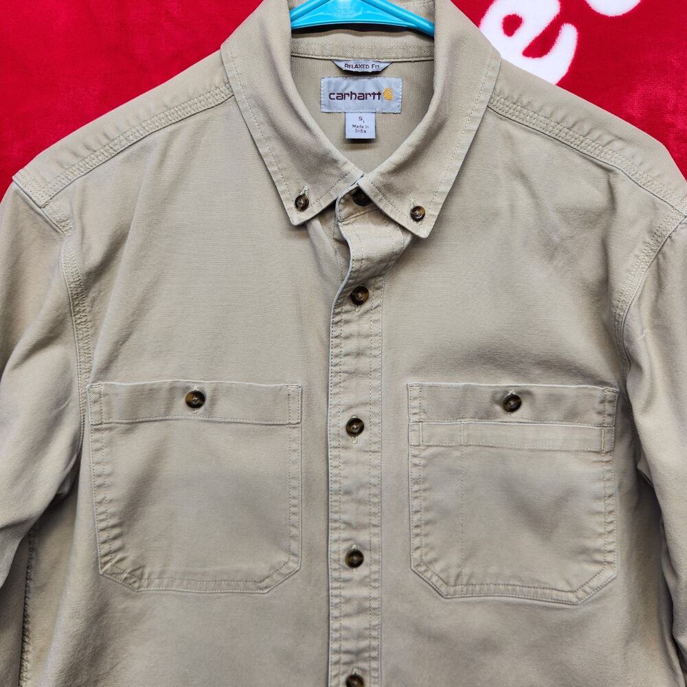 Carhartt Relaxed Fit Work Shirt Mens Small Tan Button Front Utility Cotton